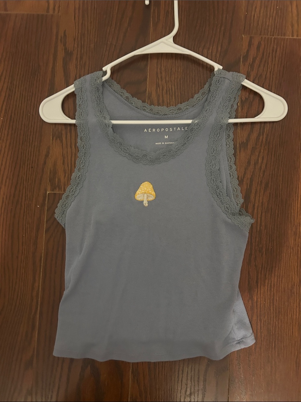 Aeropostale Dusty Blue Lace-Trim Tank with Yellow Mushroom Patch